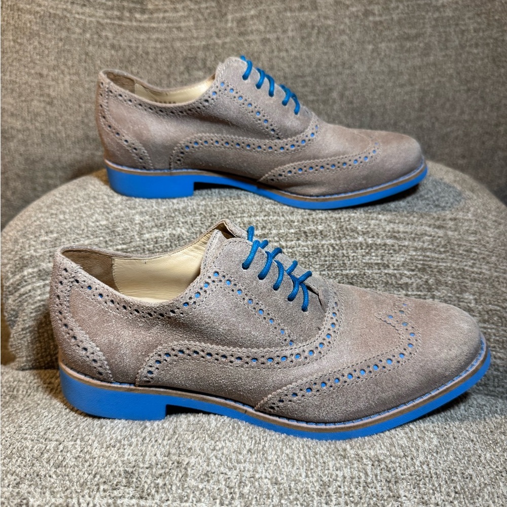 Cole Haan Alisa Women’s Gray Suede Wingtip Oxfords with Blue Accents Size 6.5